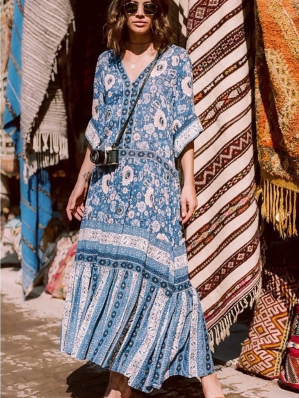 SPELL Zahara Flutter Sleeve Tiered Midi Maxi Dress Boho Sky Blue Lurex Size M